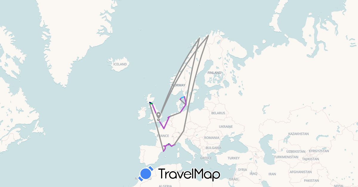 TravelMap itinerary: driving, bus, plane, train, hiking, boat in Germany, Denmark, Spain, France, United Kingdom, Monaco, Netherlands, Norway, Sweden (Europe)